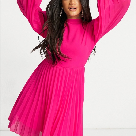 knee length dresses for ladies Hot Pink Short Sleeve Belted Skater Dress – AX Paris main image 1